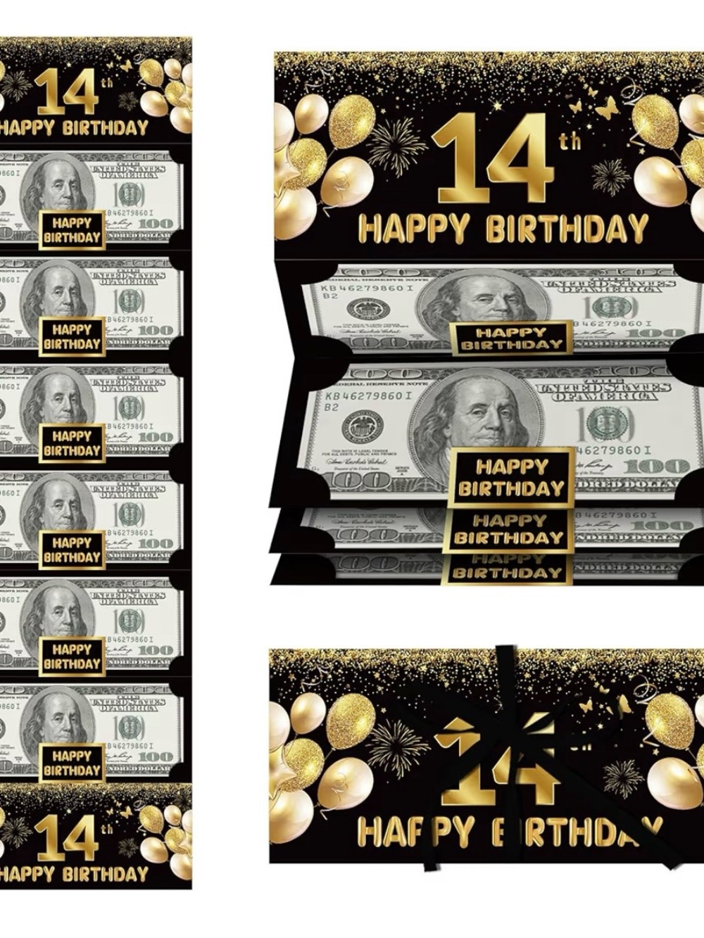 14th Happy Birthday Money Holder Party Favor - Black & Gold